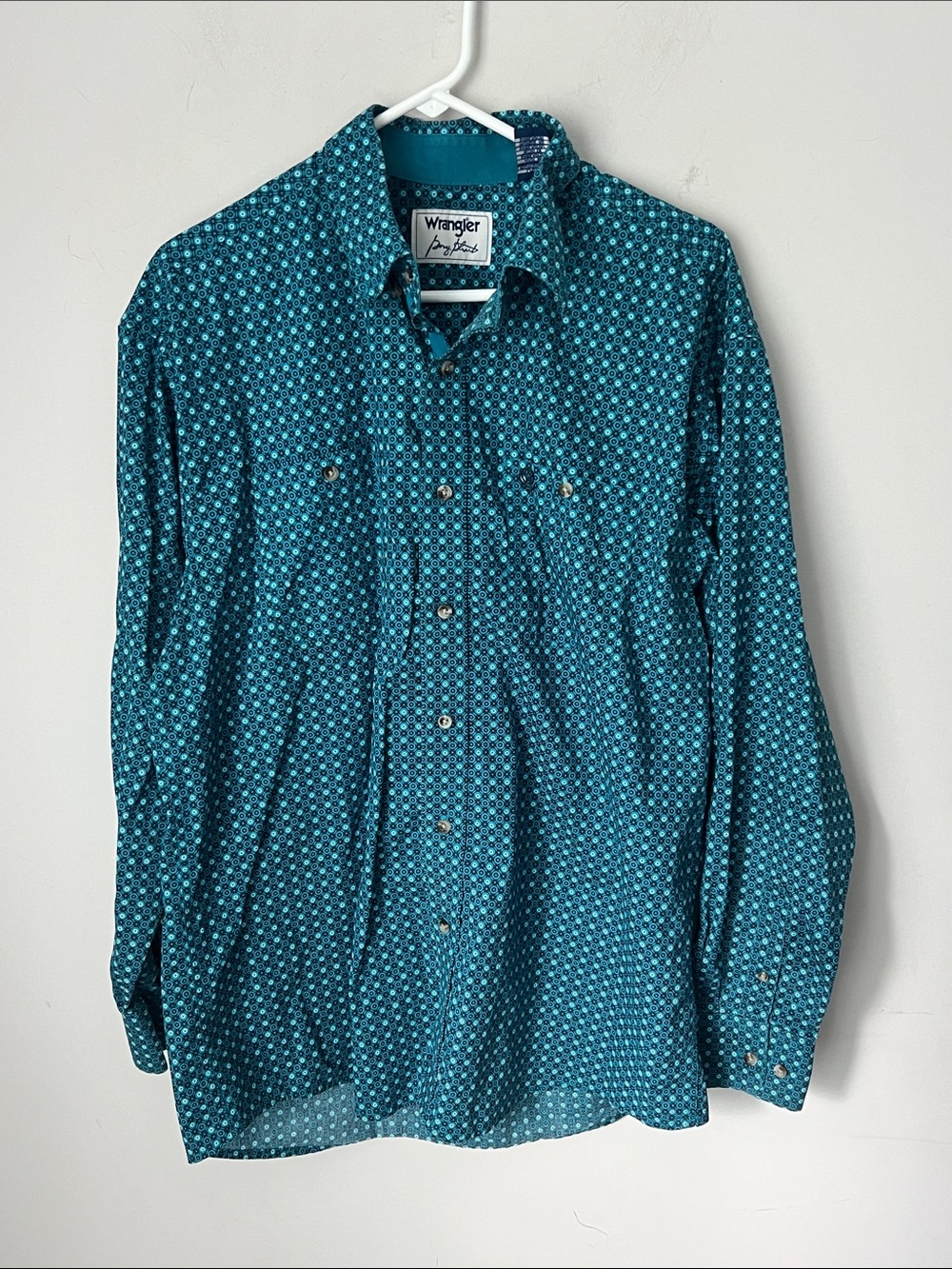 Wrangler George Strait Teal Pattern Cowboy Button Up Shirt, sz Large ^
